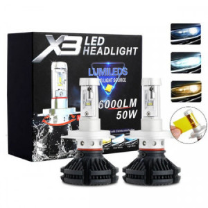 SET 2 BECURI LED AUTO X3 PUTERE 50W 6000LM H4 H7 FARA EROARE BEC ARS