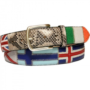CINTURA UOMO 4 CM PATCHWORK ORIONE BELTS BANDIERE NORD EUROPA IN PITONE E STRUZZO ARTIGIANALE MADE IN ITALY