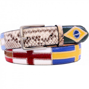 CINTURA UOMO 4 CM PATCHWORK ORIONE BELTS BANDIERE DEL MONDO IN PITONE E STRUZZO ARTIGIANALE MADE IN ITALY
