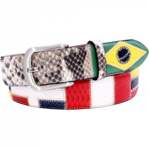 CINTURA UOMO 4 CM PATCHWORK ORIONE BELTS BANDIERE SUDAMERICA IN PITONE E STRUZZO ARTIGIANALE MADE IN ITALY