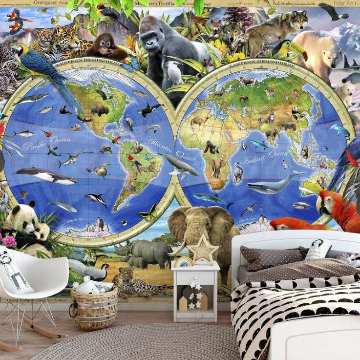 Papier peint pour chambre d'enfants - Carte du monde avec des animaux de l'océan - 12842