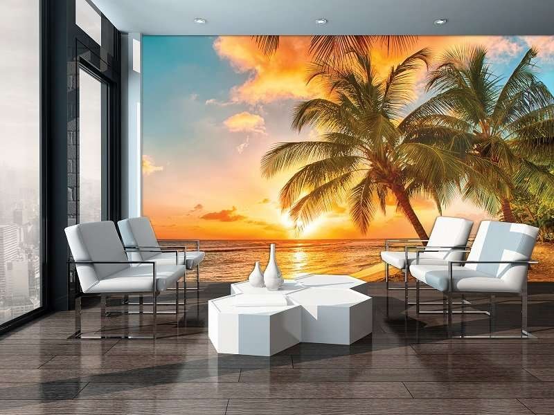 Papier peint détente, Palmiers sur la plage au coucher du soleil - 3393