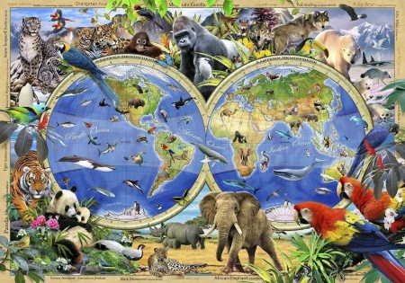 Papier peint pour chambre d'enfants - Carte du monde avec des animaux de l'océan - 12842
