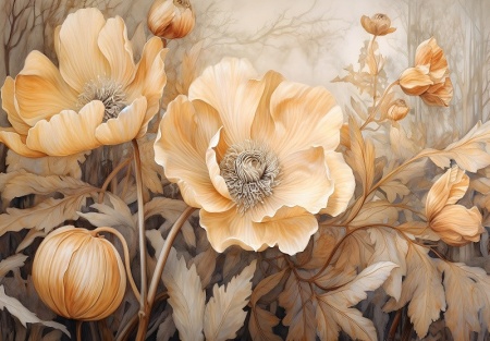 Papier Peint Grandes fleurs beiges - 14730