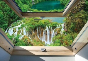 Papier peint - Vue de la fenêtre sur les cascades vertes - 10392