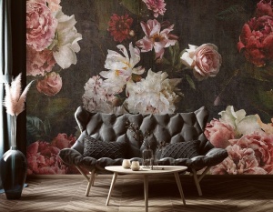 Papier peint Fleurs en blanc et rose sur fond sombre - 14527