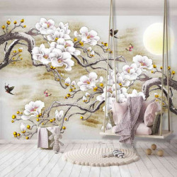 Papier peint - Peinture d'arbres et d'oiseaux en fleurs - 13287