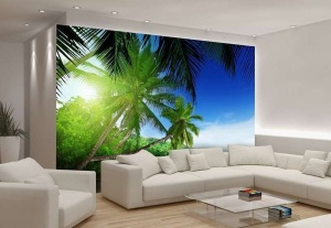 Palmiers verts sur une plage lointaine, image relaxante - 736