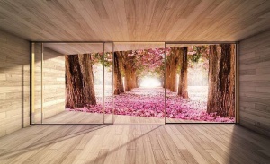 Papier peint 3D - Terrasse avec arbres fleuris - 3294