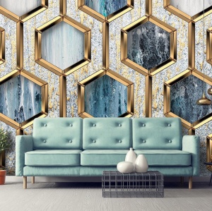 Papier peint d'art dans les tons de bleu et d'or - 13611