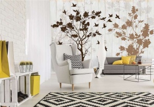 Papier peint d'art peint - Arbres et oiseaux - 12066