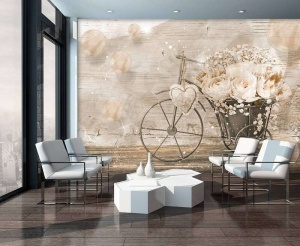 Peinture à l'huile murale, vélo rétro avec des fleurs -3667