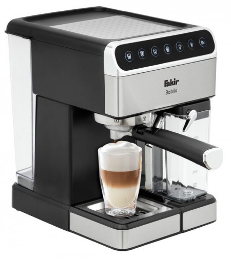Espressor de cafea Fakir Babila, 15 bari, 1350W, Rezervor apa 1,8L, Rezervor lapte 0,5L, Functioneaza cu cafea macinata si poduri tip ESE, Panou Touch, Carcasa Inox