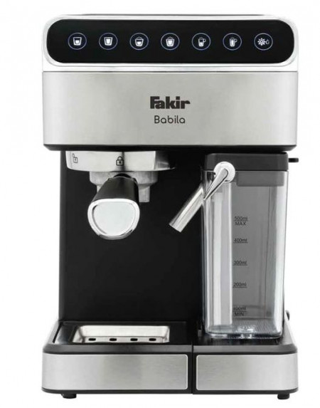 Espressor de cafea Fakir Babila, 15 bari, 1350W, Rezervor apa 1,8L, Rezervor lapte 0,5L, Functioneaza cu cafea macinata si poduri tip ESE, Panou Touch, Carcasa Inox
