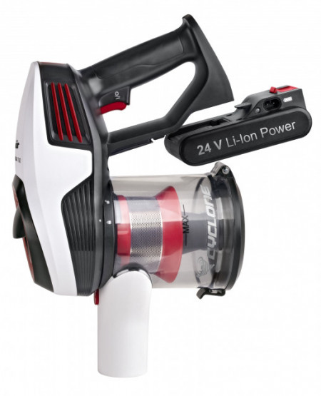 Aspirator cu acumulatori vertical si de mana Fakir Starky HSA 700, motor BLDC 380W, 24V, 35 min, filtru EPA, Gri/Alb/Rosu