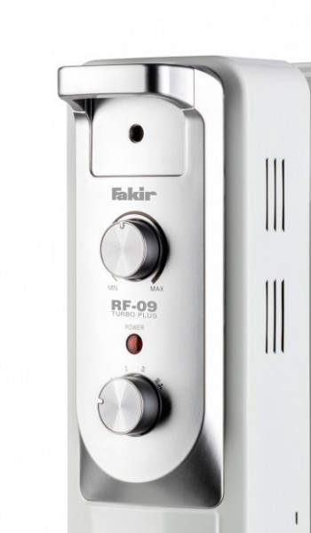 Calorifer electric Fakir RF-09 Turbo Plus, 2400 W, 9 elementi, 4 trepte de putere, Termostat de siguranta, Termostat reglabil, Ventilator, Suport uscare rufe, Gri