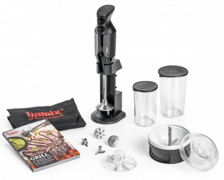 BAMIX BBQ 200W, 4 lame, SliceSy, Procesor cu powderdisc, Vas 600ml, Vas 400ml, Sort Bamix BBQ, Stand DeLuxe, Negru