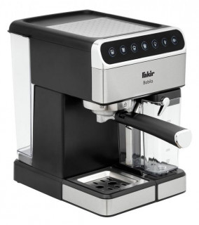 Espressor de cafea Fakir Babila, 15 bari, 1350W, Rezervor apa 1,8L, Rezervor lapte 0,5L, Functioneaza cu cafea macinata si poduri tip ESE, Panou Touch, Carcasa Inox