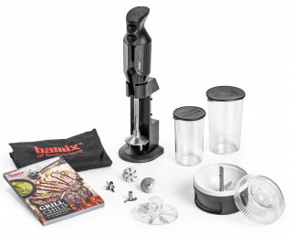 BAMIX BBQ 200W, 4 lame, SliceSy, Procesor cu powderdisc, Vas 600ml, Vas 400ml, Sort Bamix BBQ, Stand DeLuxe, Negru