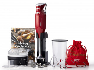 BAMIX Christmas Edition 200W, 4 lame, Procesor cu powderdisc, Motor profesional, Vas 600ml, 5 forme prajituri, Stand DeLuxe, Rosu metalizat