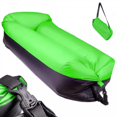 Saltea Auto Gonflabila "Lazy Bag" tip sezlong, 185 x 70cm, culoare Negru-Verde, pentru camping, plaja sau piscina