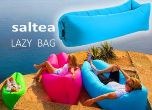 Saltea Autogonflabila "Lazy Bag" tip sezlong, 185 x 70cm, culoare Negru-Verde, pentru camping, plaja sau piscina