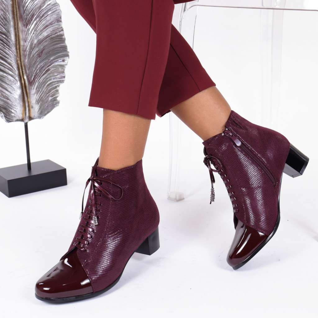 Botine bordo piele ecologica sidefata si varf lacuit caleria