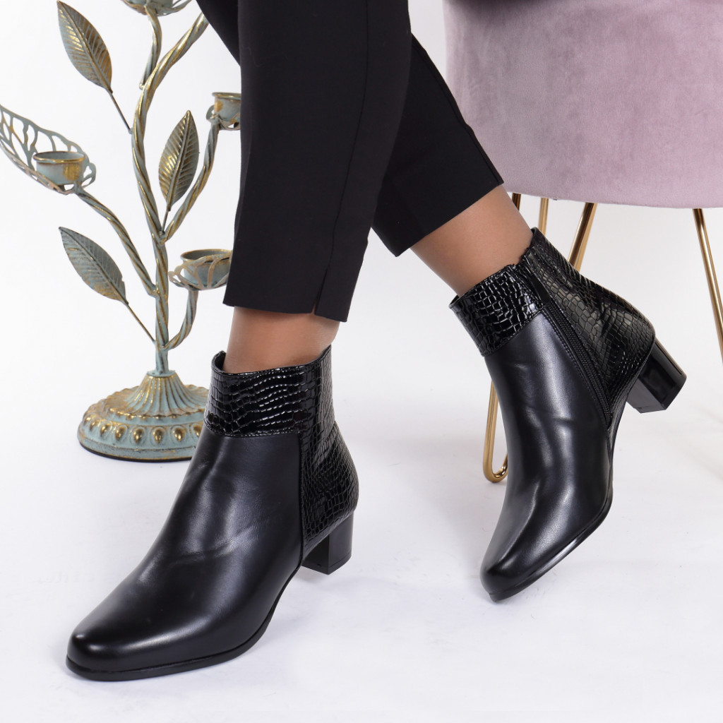 Botine negre cu toc mic din piele ecologica textura reptila partenia