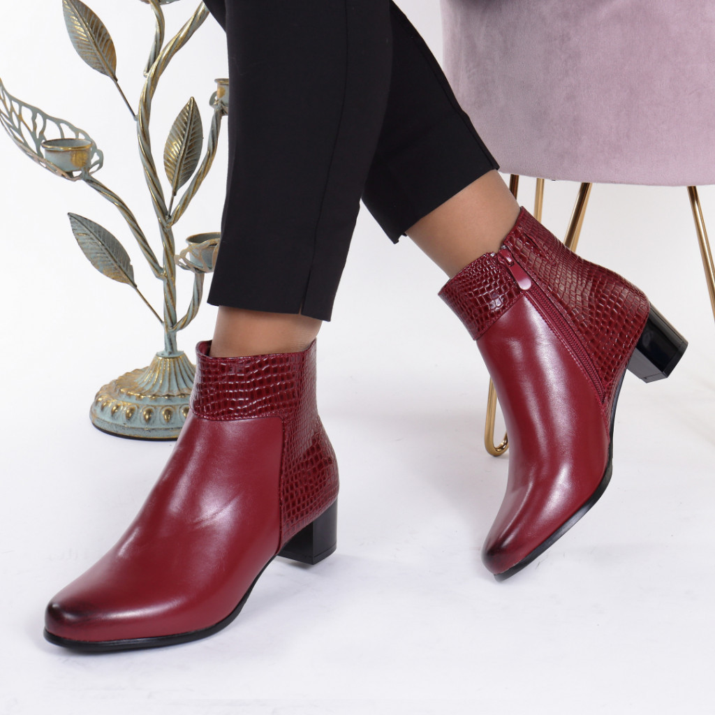 Botine bordo cu toc mic din piele ecologica textura reptila partenia
