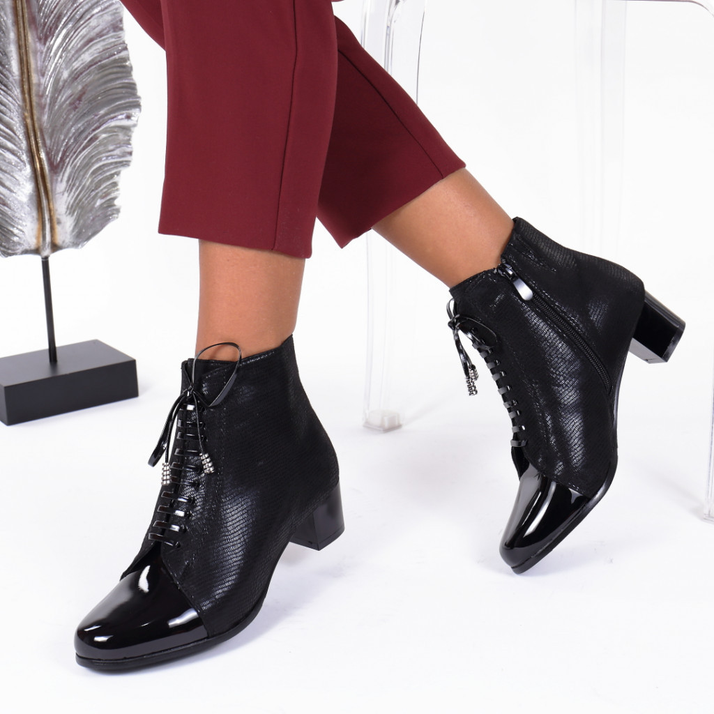 Botine negre piele ecologica sidefata si varf lacuit caleria