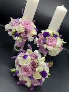Set lumanari si buchet alb - mov