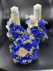 Set buchet si lumanari cu trandafiri albastri