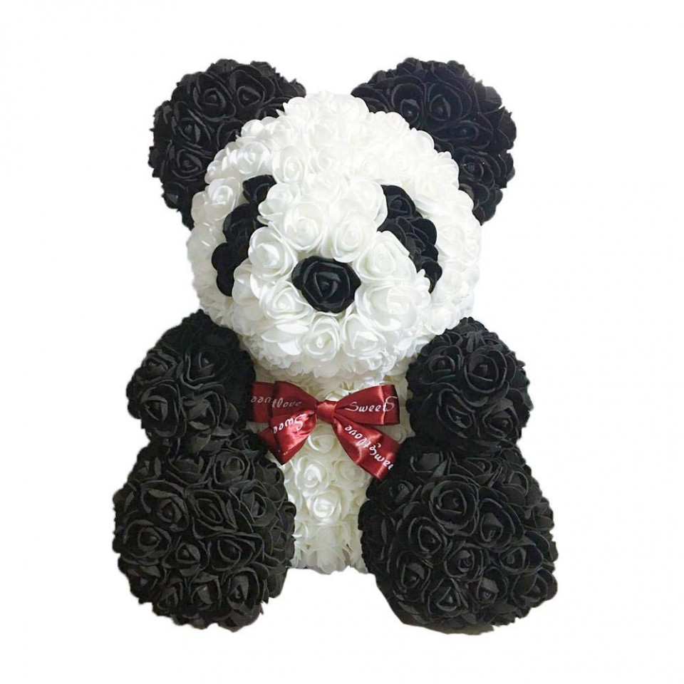 Ursulet floral Panda 70 cm decorat manual cu trandafiri spuma, cutie cadou