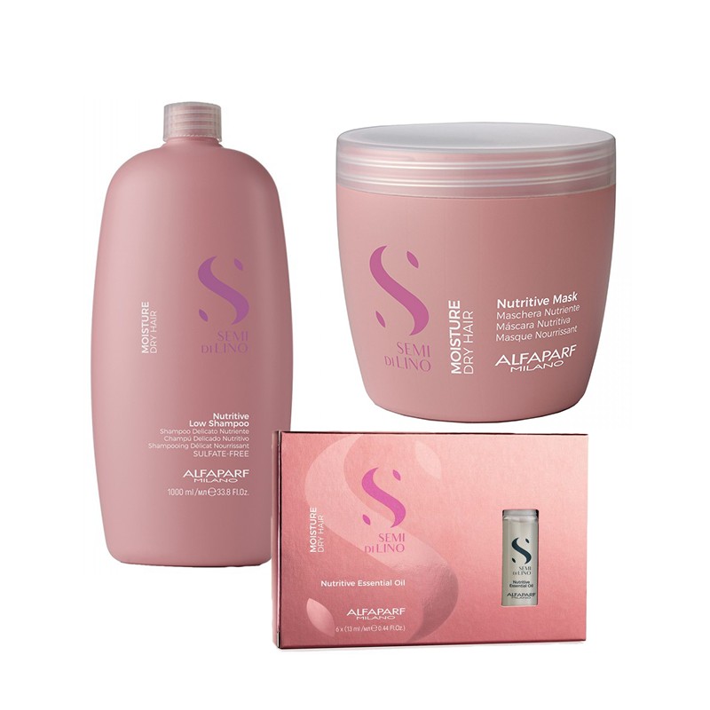 Set Alfaparf Semi Di Lino Moisture Nutritive cu 1000 ml Sampon + 500 ml Masca + 6 fiole x 13 ml Ulei