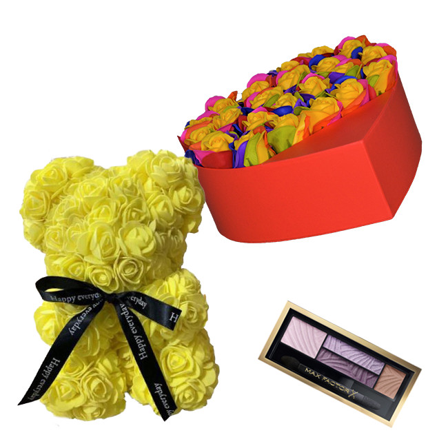 Set Aranjament floral cutie inima rosie, Ursulet floral, Paleta de farduri