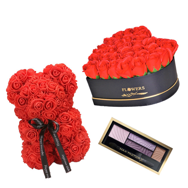 Set Aranjament floral cutie inima neagra, Ursulet floral, Paleta de farduri