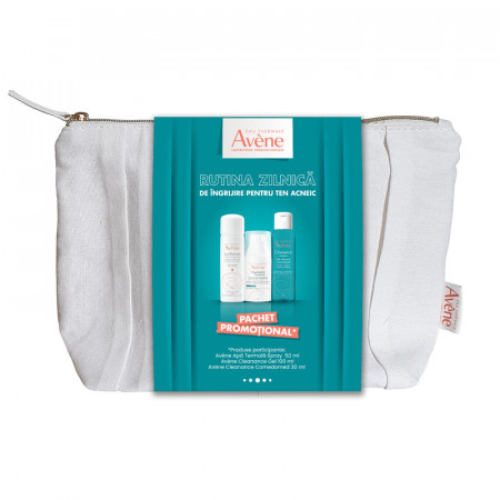 Pachet Avene, Apa termala spray, 50 ml + Gel de curatare pentru ten gras cu tendinta acneica Cleanance, 100 ml + Concentrat anti-imperfectiuni Cleanance Comedomed, 30 ml