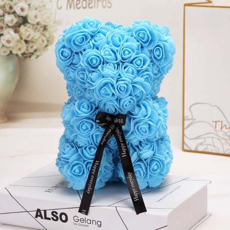 Ursulet floral din Trandafiri de spuma 25 cm, cu funda, in cutie cadou