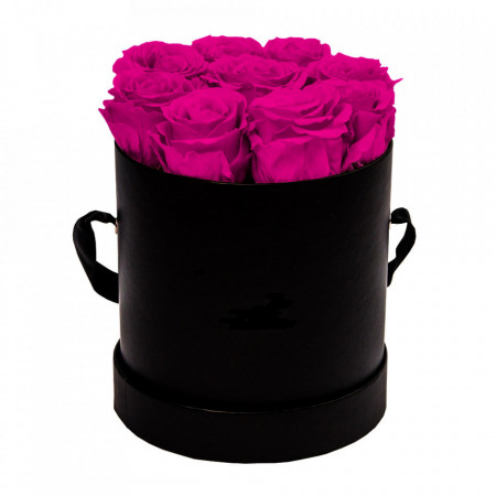 Aranjament floral cu 9 trandafiri de sapun, in cutie neagra rotunda, fucsia