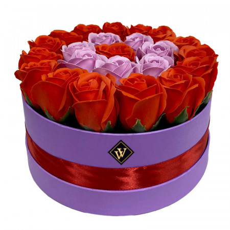 Aranjament floral Special Eternity cu 23 trandafiri sapun in cutie rotunda, orange/lila