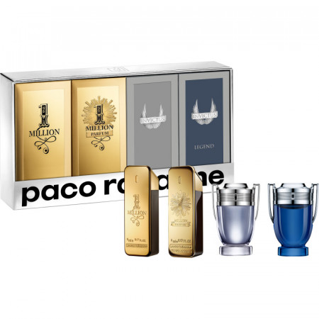Set Paco Rabanne, Barbati: Apa de Toaleta 1 Million, 5ml + Apa de Toaleta 1 Million Lucky, 5ml + Apa de Toaleta Invictus, 5ml + Apa de Parfum Invictus Legend, 5ml