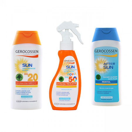 Set Gerocossen family, Lapte pentru protectie solara cu SPF 20, 200 ml + Spray de protectie solara pentru copii SPF 50, 200 ml + Balsam dupa plaja Gerocossen 200 ml