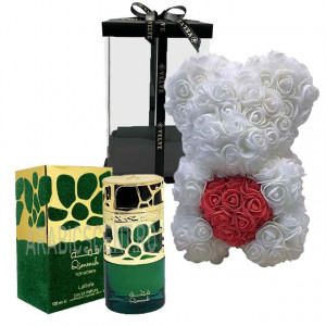 Set cadou fete, Ursulet floral cu inima rosie din spuma 25 cm si Parfum Lattafa Qimmah Woman 100 ml