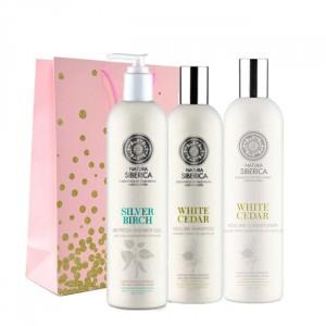 Set Natura Siberica Sampon volum cu Cedru Alb 400ml + Balsam reparator cu extract de Cedru Alb 400ml +Balsam reparator pentru par gras cu Fructe de Padure 400ml
