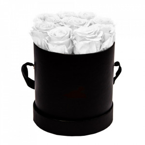 Aranjament floral cu 9 trandafiri de sapun, in cutie neagra rotunda, alb