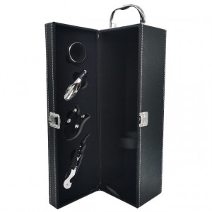Caseta eleganta din piele ecologica pentru o sticla, cu maner si set 4 accesorii pentru vin, negru