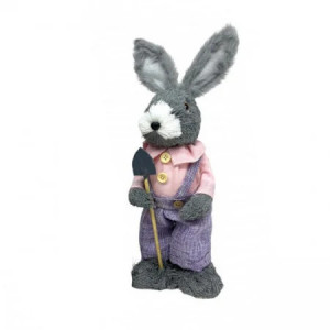 Figurina decorativa din paie, Iepuras Ysac, cu pantaloni si lopatica, 37 cm, Roz/Mov