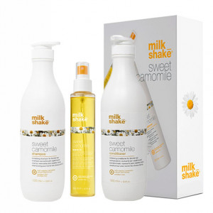 Kit pentru ingrijirea parului blond Milk Shake Sweet Camomile Sampon 1000 ml + Balsam 1000 ml + Tratament 150 ml