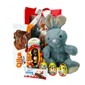 Pachet GiftDay , Iepuras de plus gri 31cm, Prajitura Casei Alka 350g, Iepuras de ciocolata Heidi 45g, Kinder delice si trei oua Kinder Surprise in punga cadou