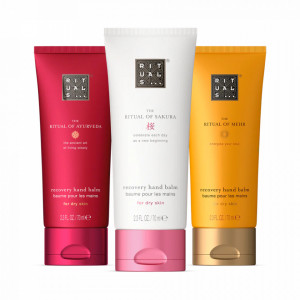 Set de ingrijire maini Rituals Recovery Hand Balm, Ritual of Sakura 70 ml + The Ritual of Mehr 70 ml + The Ritual of Ayurveda 70 ml